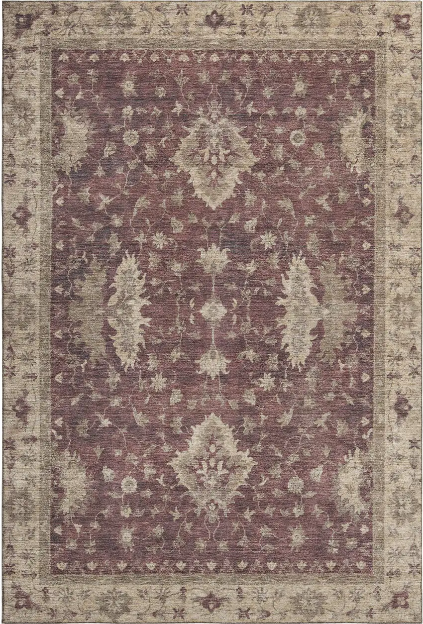 Burgundy And Beige Oriental Washable Area Rug With UV Protection Photo 1