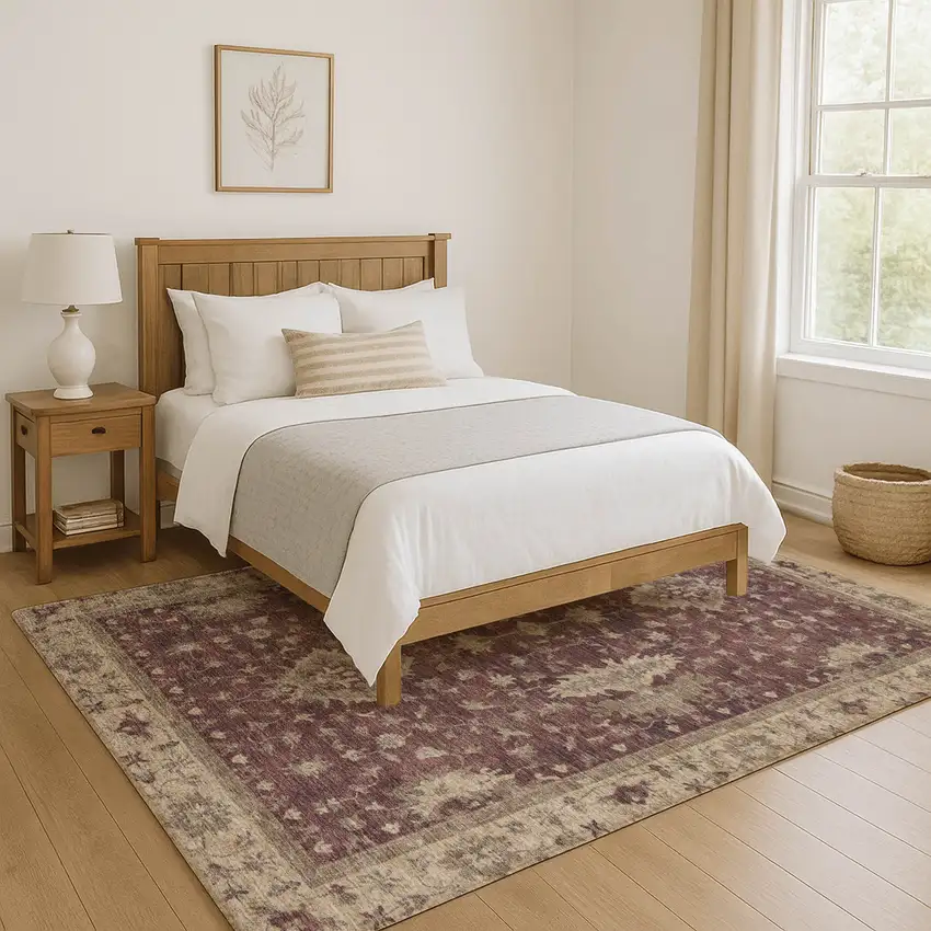 Burgundy And Beige Oriental Washable Area Rug With UV Protection Photo 4