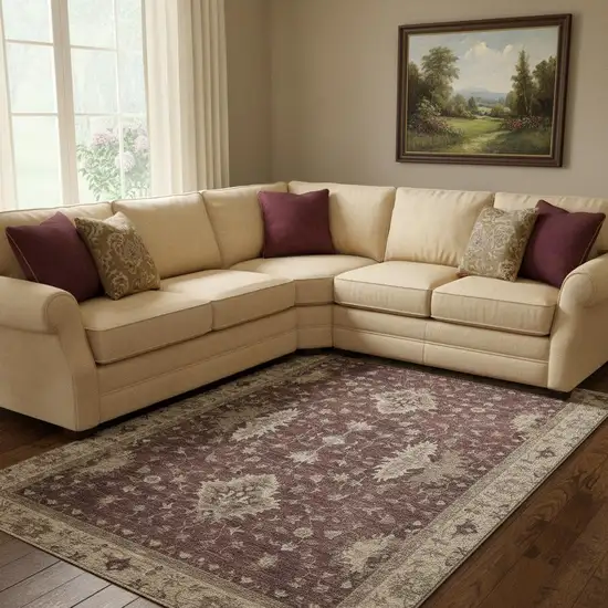 Burgundy And Beige Oriental Washable Area Rug With UV Protection Photo 2