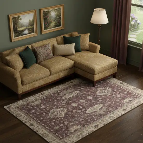 Burgundy And Beige Oriental Washable Area Rug With UV Protection Photo 2