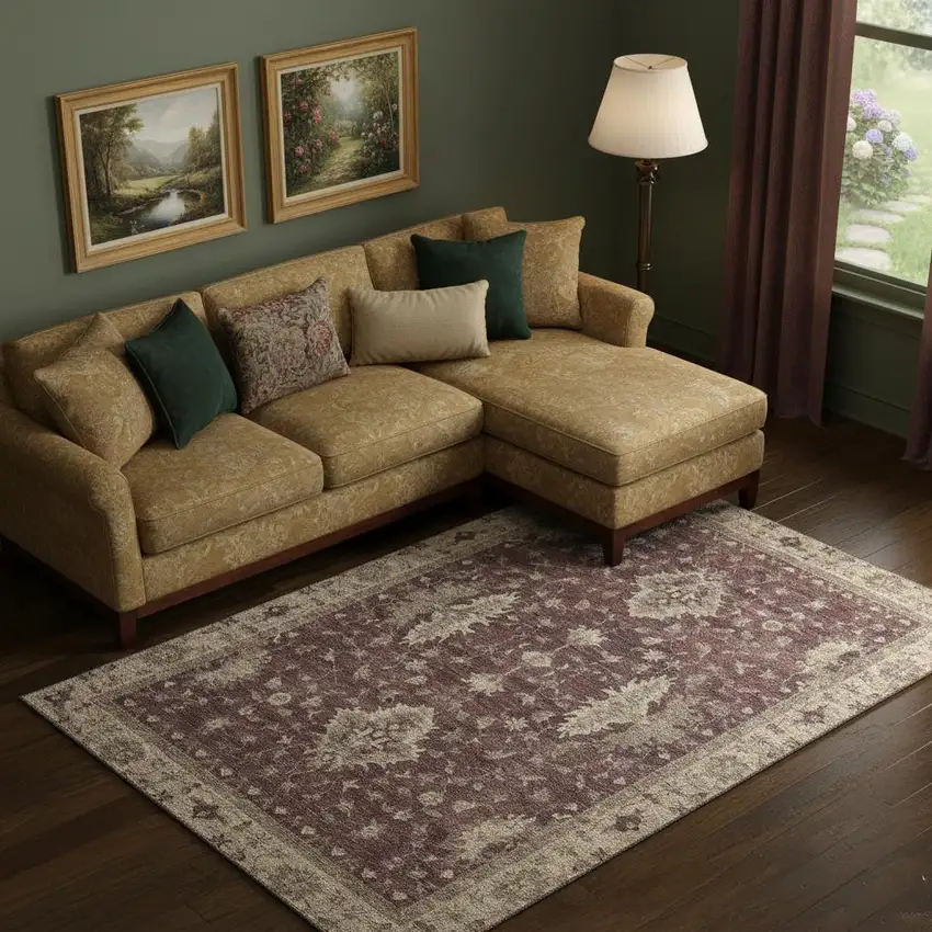 Burgundy And Beige Oriental Washable Area Rug With UV Protection Photo 2