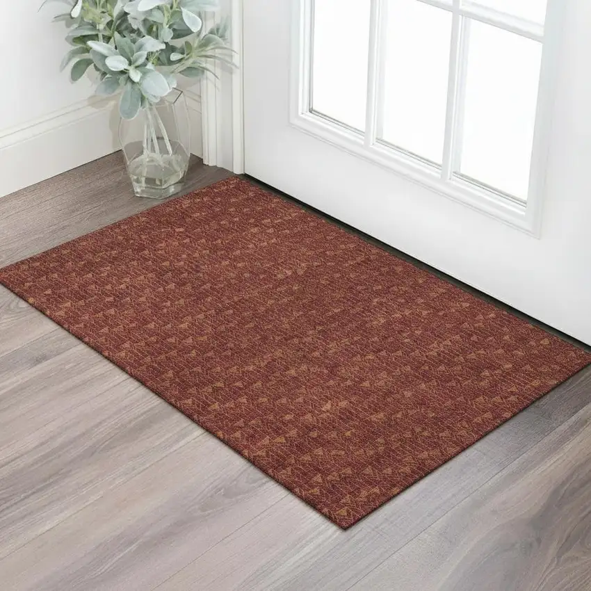 Burgundy And Brown Geometric Washable Area Rug With UV Protection Photo 1
