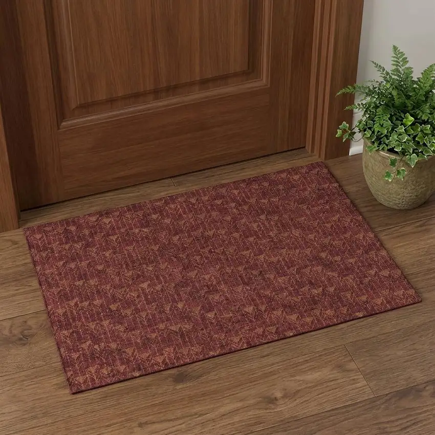 Burgundy And Brown Geometric Washable Area Rug With UV Protection Photo 1