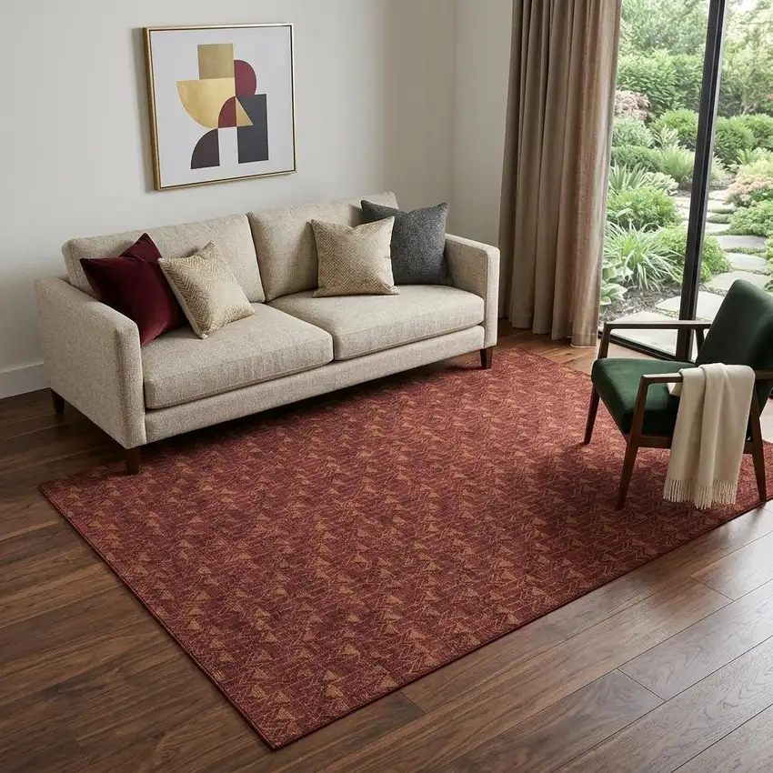 Burgundy And Brown Geometric Washable Area Rug With UV Protection Photo 1