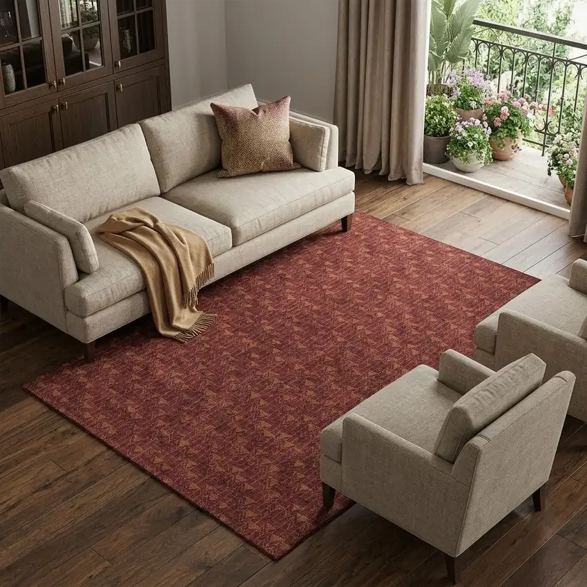 Burgundy And Brown Geometric Washable Area Rug With UV Protection Photo 1