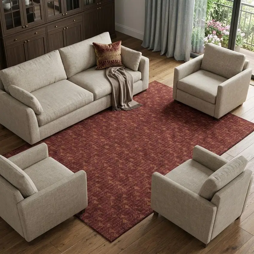 Burgundy And Brown Geometric Washable Area Rug With UV Protection Photo 1