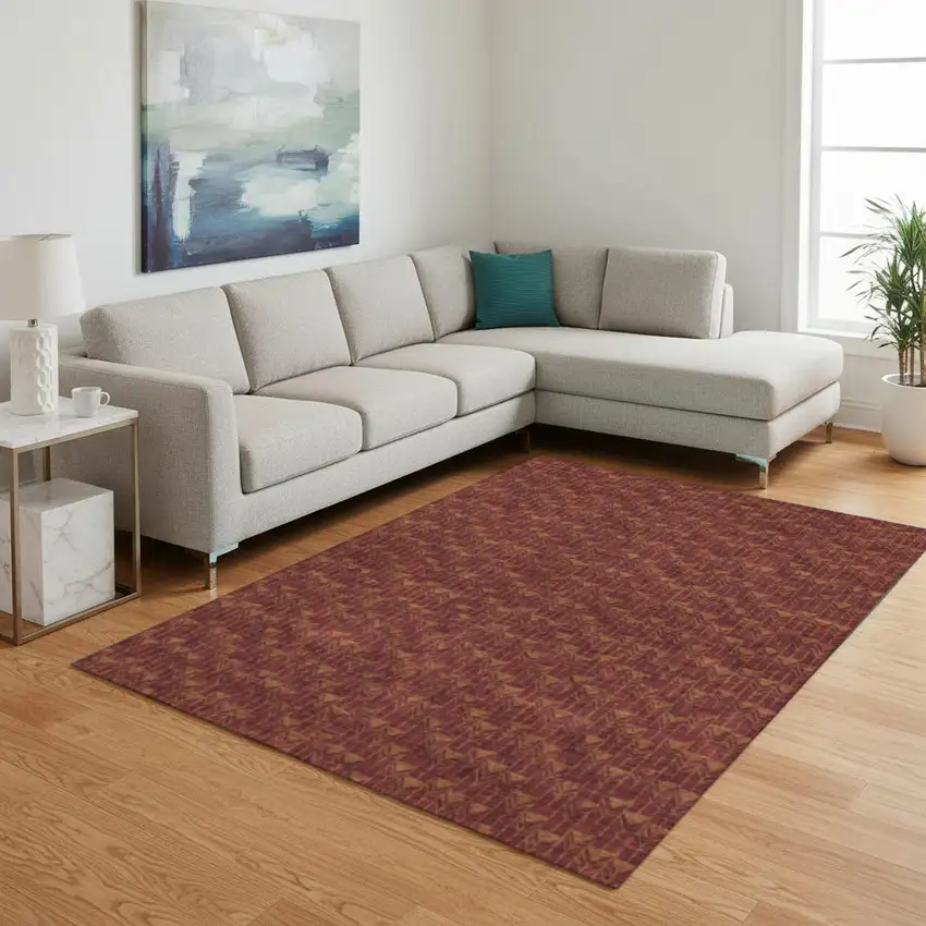 Burgundy And Brown Geometric Washable Area Rug With UV Protection Photo 1