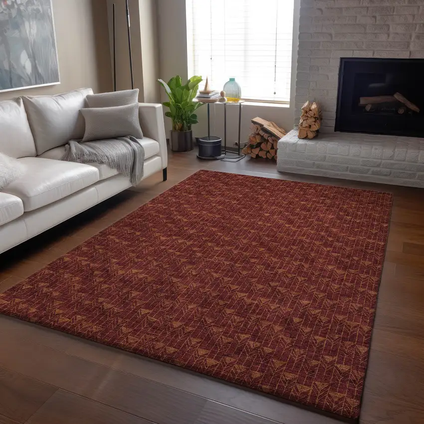 Burgundy And Brown Geometric Washable Area Rug With UV Protection Photo 6
