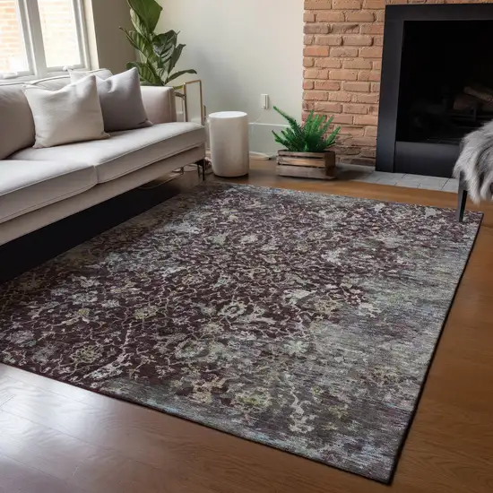 Burgundy And Gray Damask Washable Indoor Outdoor Area Rug Photo 4