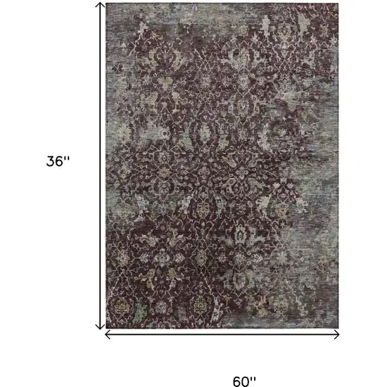 Burgundy And Gray Damask Washable Indoor Outdoor Area Rug Photo 9