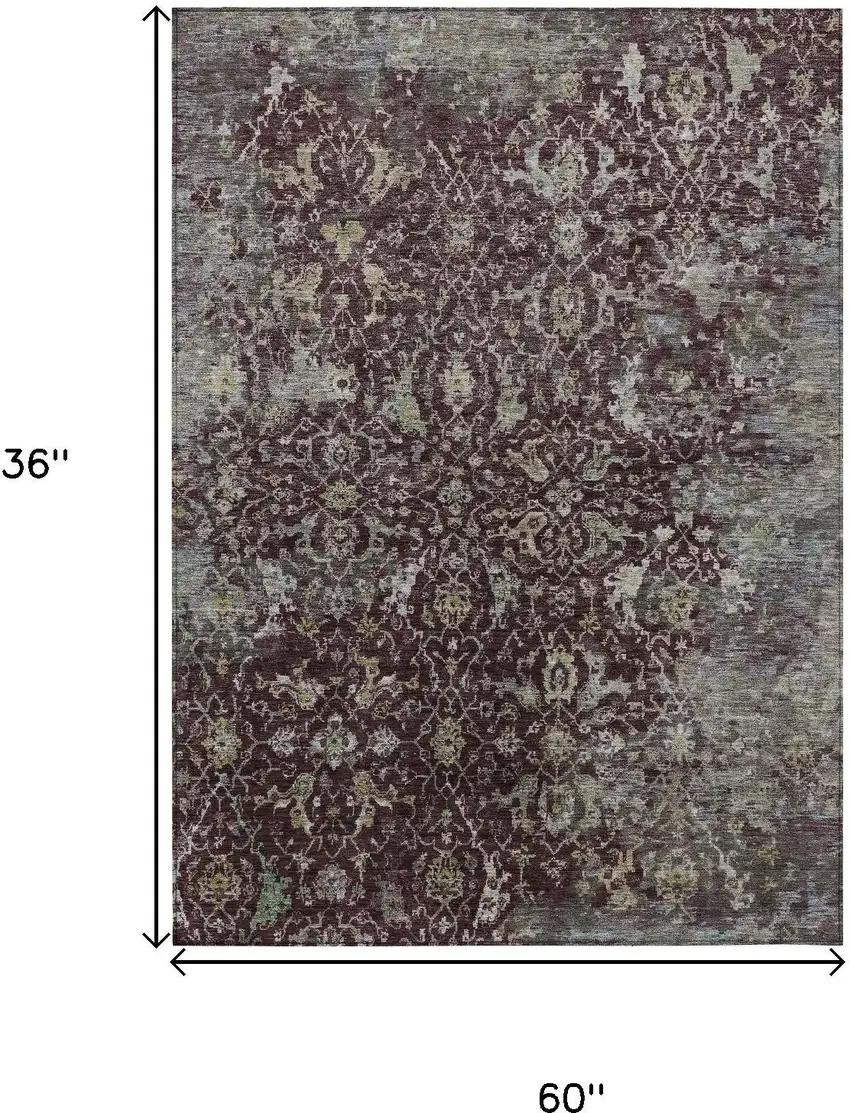 Burgundy And Gray Damask Washable Indoor Outdoor Area Rug Photo 9