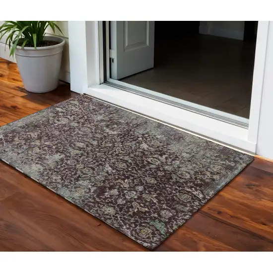 Burgundy And Gray Damask Washable Indoor Outdoor Area Rug Photo 1