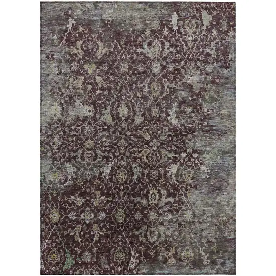 Burgundy And Gray Damask Washable Indoor Outdoor Area Rug Photo 7