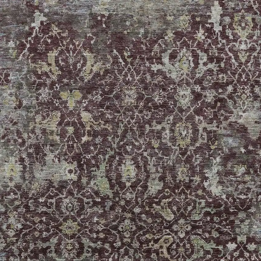 Burgundy And Gray Damask Washable Indoor Outdoor Area Rug Photo 4
