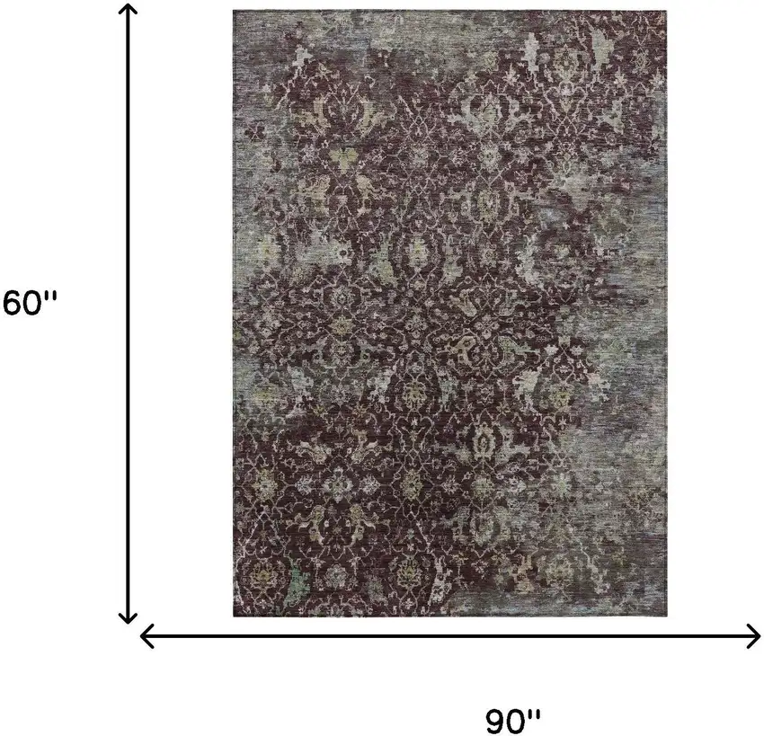 Burgundy And Gray Damask Washable Indoor Outdoor Area Rug Photo 3