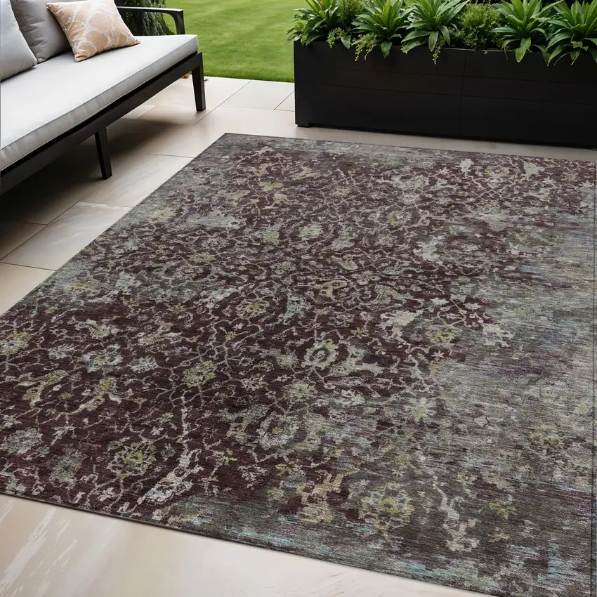Burgundy And Gray Damask Washable Indoor Outdoor Area Rug Photo 1