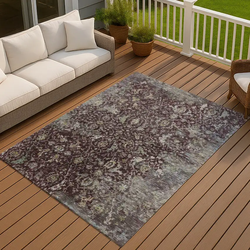 Burgundy And Gray Damask Washable Indoor Outdoor Area Rug Photo 2