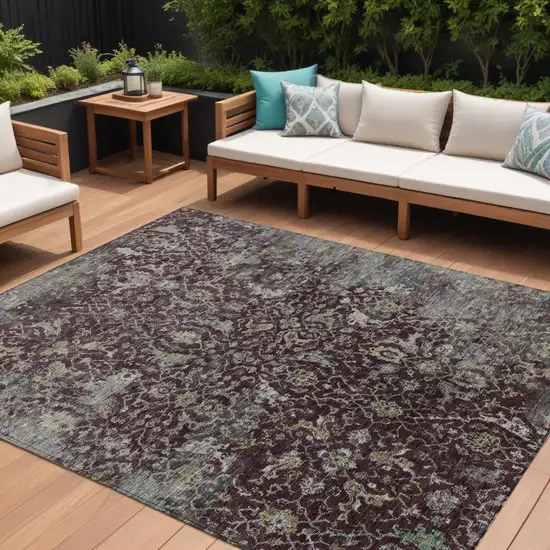 Burgundy And Gray Damask Washable Indoor Outdoor Area Rug Photo 1
