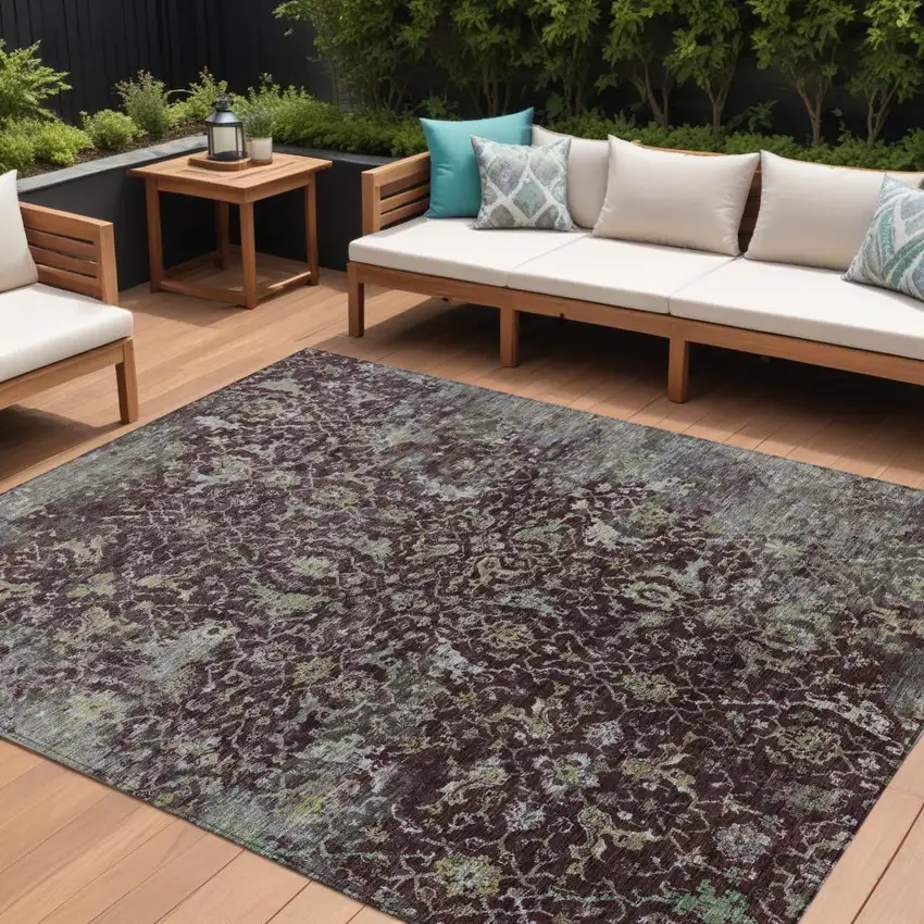 Burgundy And Gray Damask Washable Indoor Outdoor Area Rug Photo 1
