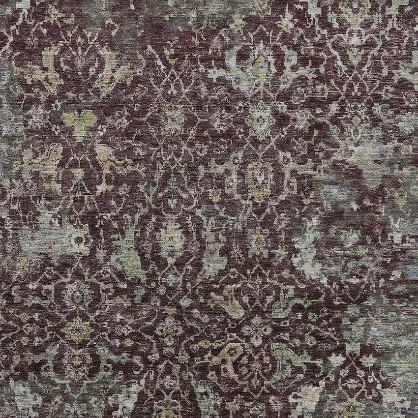 Burgundy And Gray Damask Washable Indoor Outdoor Area Rug Photo 4