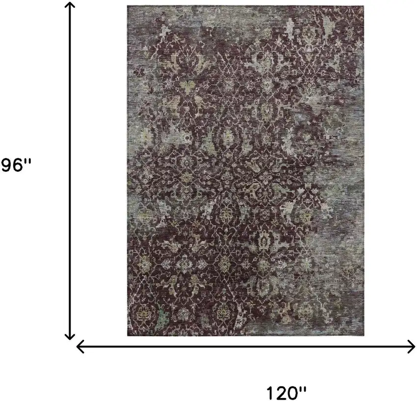 Burgundy And Gray Damask Washable Indoor Outdoor Area Rug Photo 3