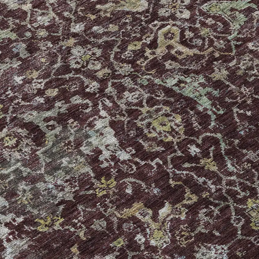 Burgundy And Gray Damask Washable Indoor Outdoor Area Rug Photo 1