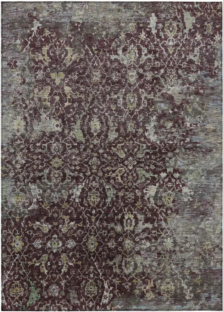 Burgundy And Gray Damask Washable Indoor Outdoor Area Rug Photo 7