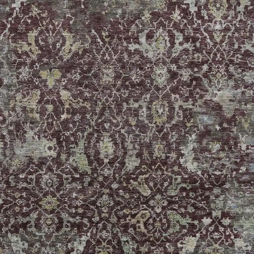 Burgundy And Gray Damask Washable Indoor Outdoor Area Rug Photo 2