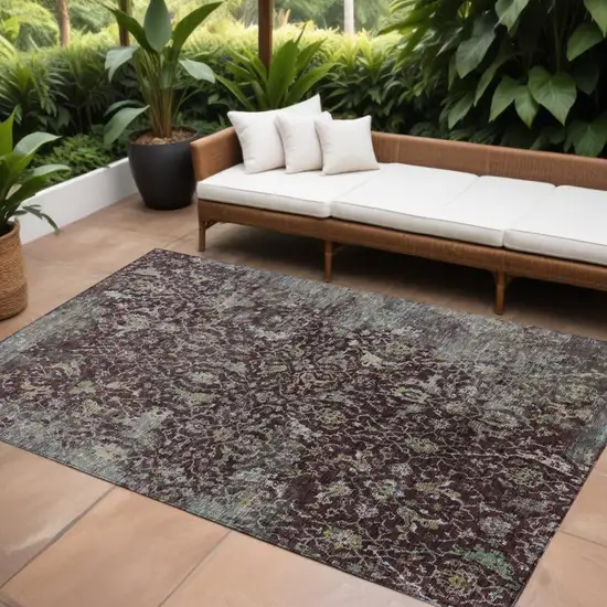 Burgundy And Gray Damask Washable Indoor Outdoor Area Rug Photo 1