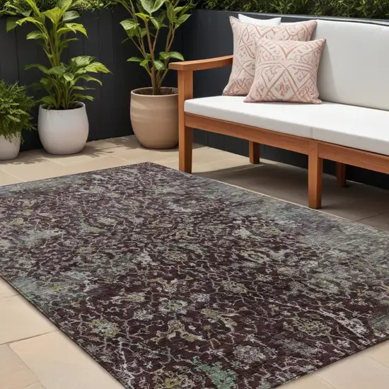 Burgundy And Gray Damask Washable Indoor Outdoor Area Rug Photo 1