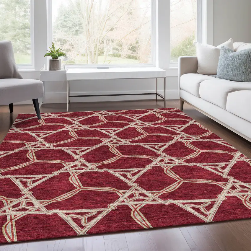 Burgundy And Gray Geometric Washable Area Rug With UV Protection Photo 5