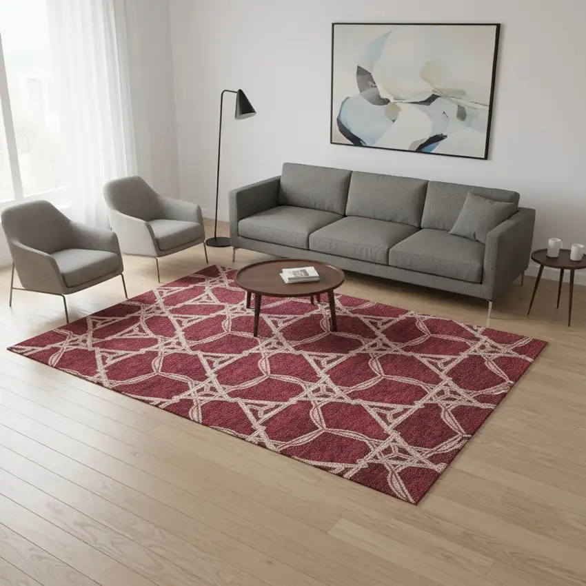 Burgundy And Gray Geometric Washable Area Rug With UV Protection Photo 2