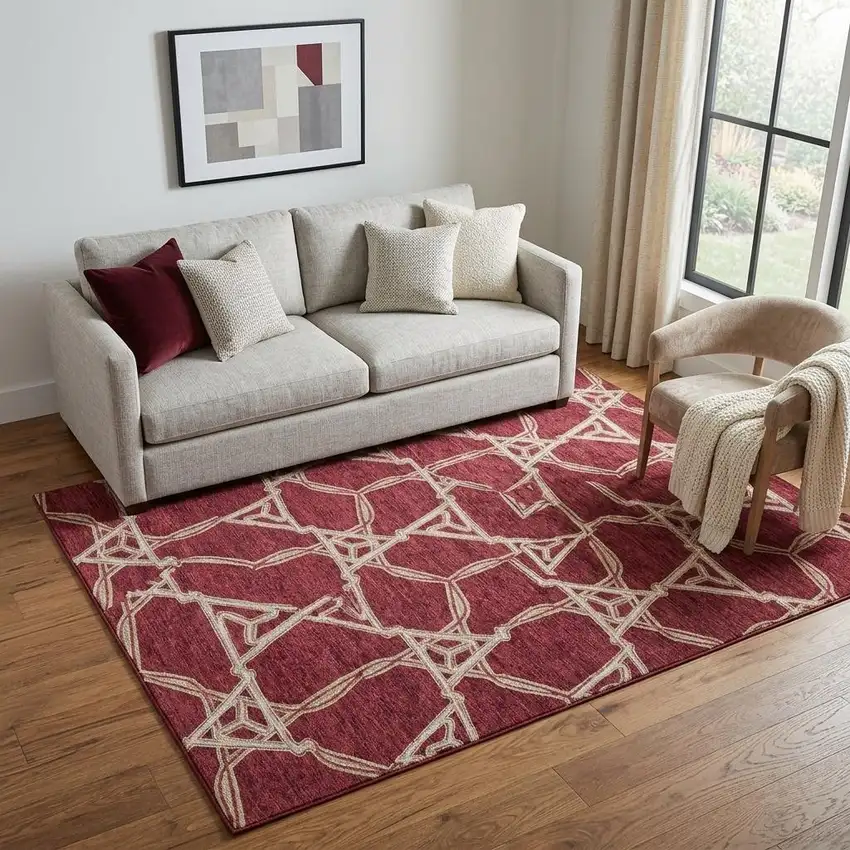 Burgundy And Gray Geometric Washable Area Rug With UV Protection Photo 1