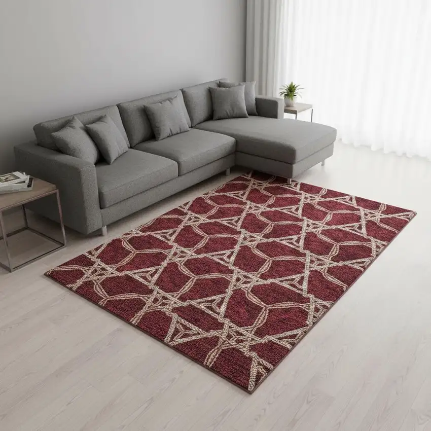 Burgundy And Gray Geometric Washable Area Rug With UV Protection Photo 2