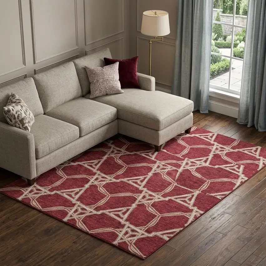 Burgundy And Gray Geometric Washable Area Rug With UV Protection Photo 1