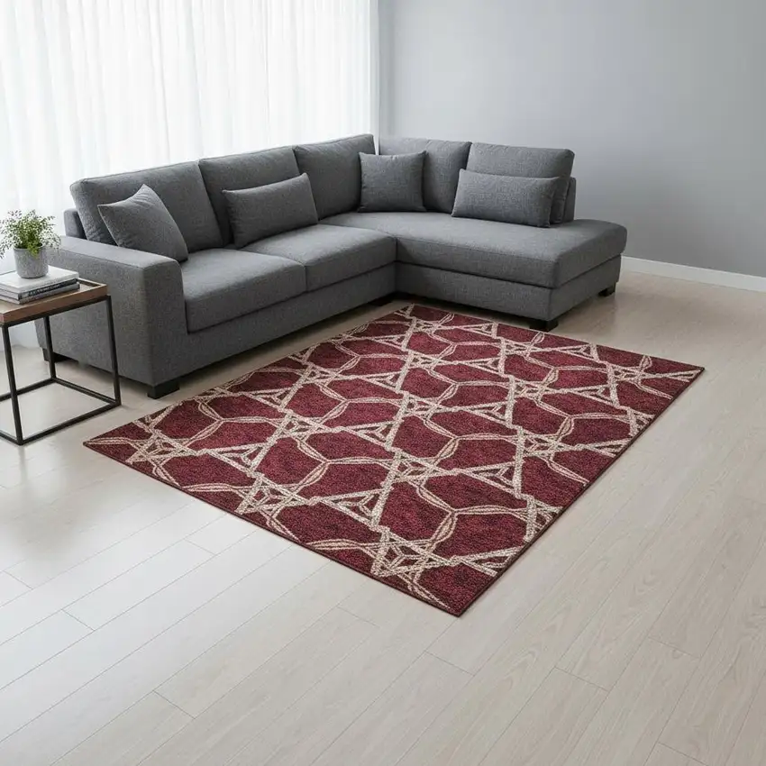 Burgundy And Gray Geometric Washable Area Rug With UV Protection Photo 2