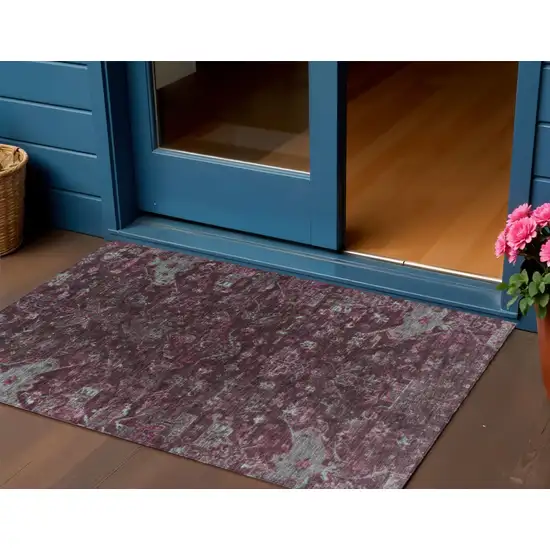 Burgundy And Gray Medallion Washable Indoor Outdoor Area Rug Photo 1