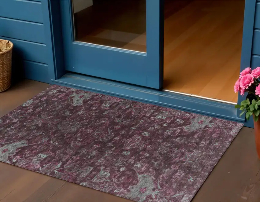 Burgundy And Gray Medallion Washable Indoor Outdoor Area Rug Photo 1