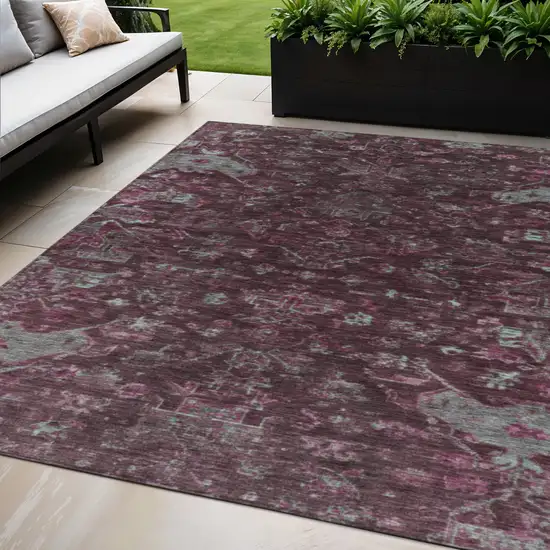 Burgundy And Gray Medallion Washable Indoor Outdoor Area Rug Photo 1