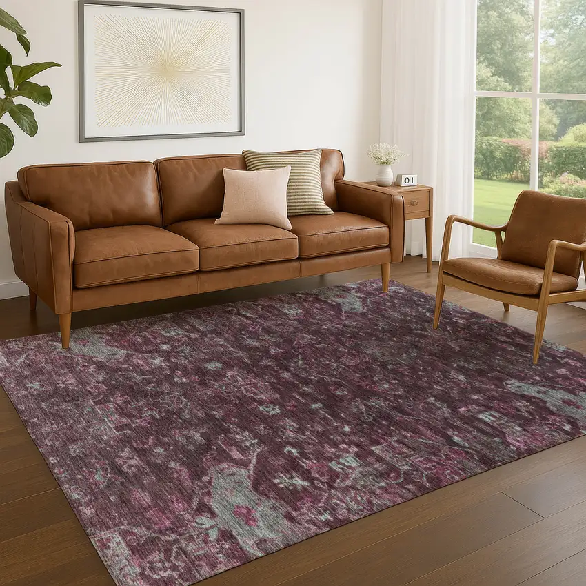 Burgundy And Gray Medallion Washable Indoor Outdoor Area Rug Photo 7