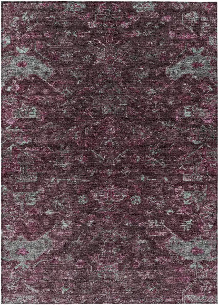 Burgundy And Gray Medallion Washable Indoor Outdoor Area Rug Photo 2