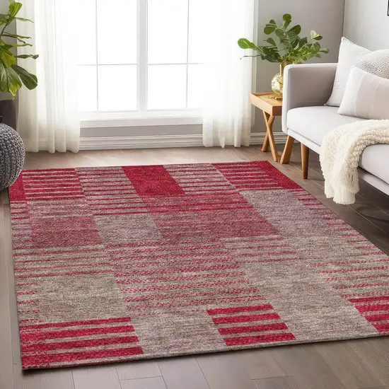 Burgundy And Gray Striped Washable Area Rug With UV Protection Photo 3