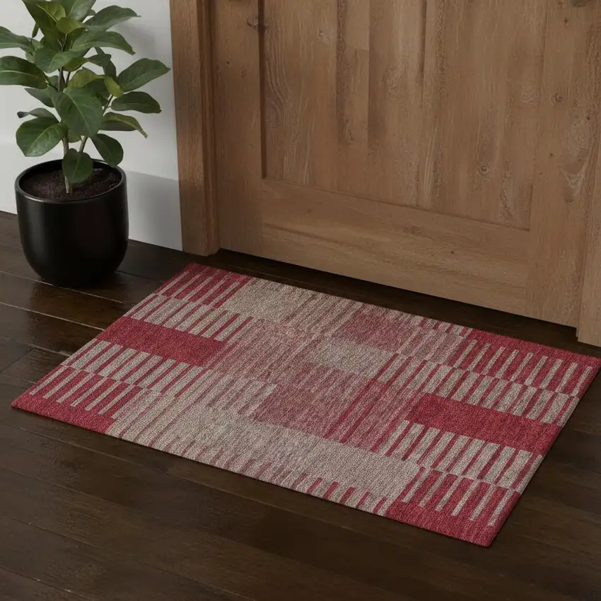 Burgundy And Gray Striped Washable Area Rug With UV Protection Photo 1