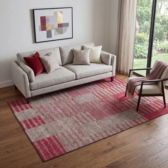 Burgundy And Gray Striped Washable Area Rug With UV Protection Photo 1