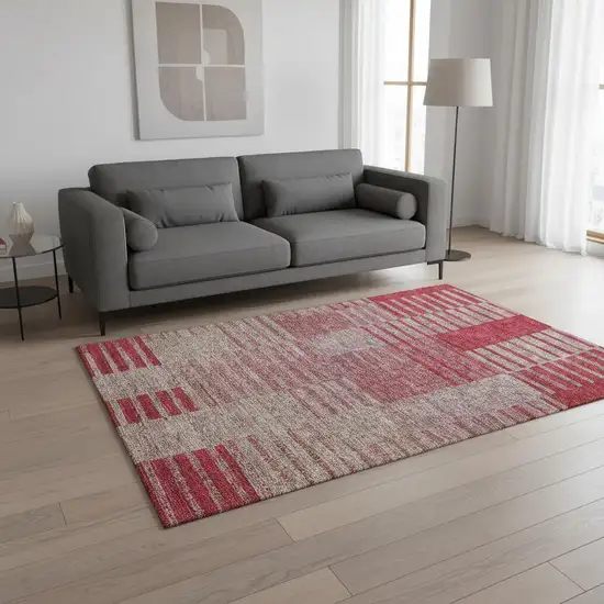 Burgundy And Gray Striped Washable Area Rug With UV Protection Photo 2