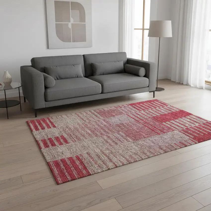 Burgundy And Gray Striped Washable Area Rug With UV Protection Photo 2