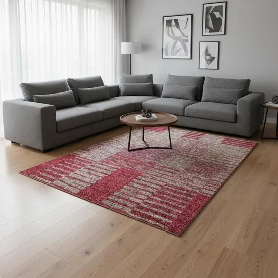 Burgundy And Gray Striped Washable Area Rug With UV Protection Photo 2