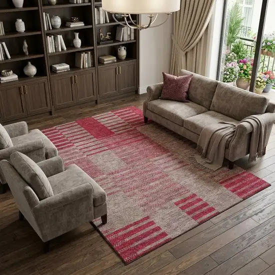 Burgundy And Gray Striped Washable Area Rug With UV Protection Photo 1