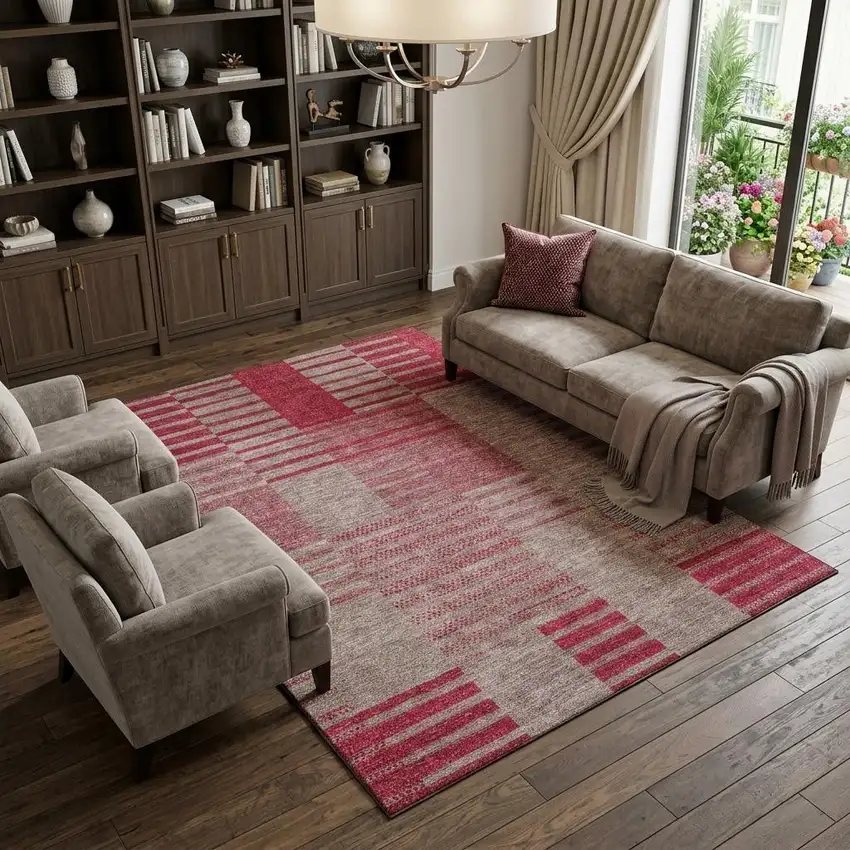Burgundy And Gray Striped Washable Area Rug With UV Protection Photo 1