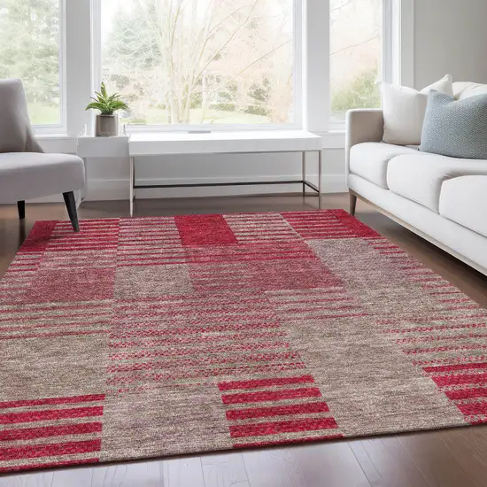 Burgundy And Gray Striped Washable Area Rug With UV Protection Photo 5